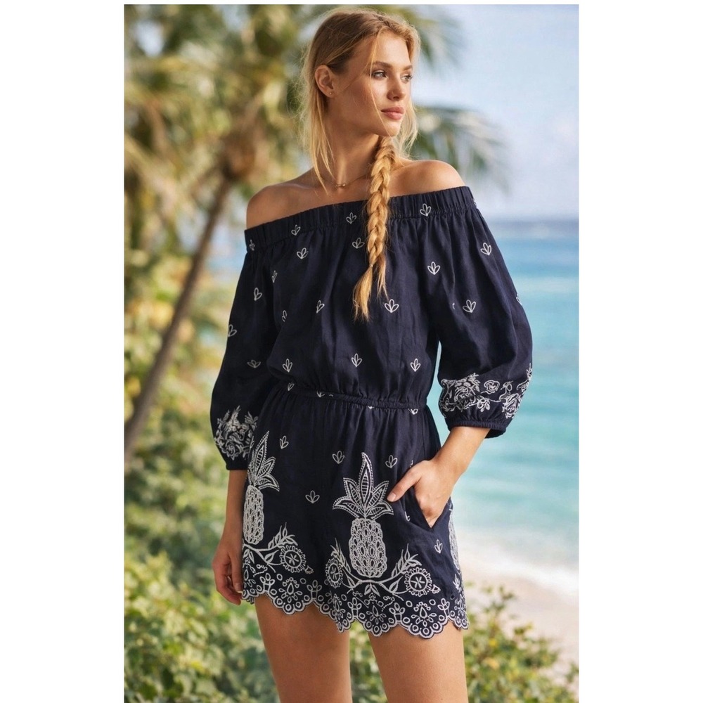 Farm Rio Anthropologie Jackie Navy Linen Pineapple Embroidered Romper Large NWT